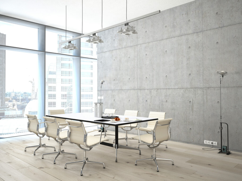 conference,room,interior,with,a,concret,wall.,3d,rendering